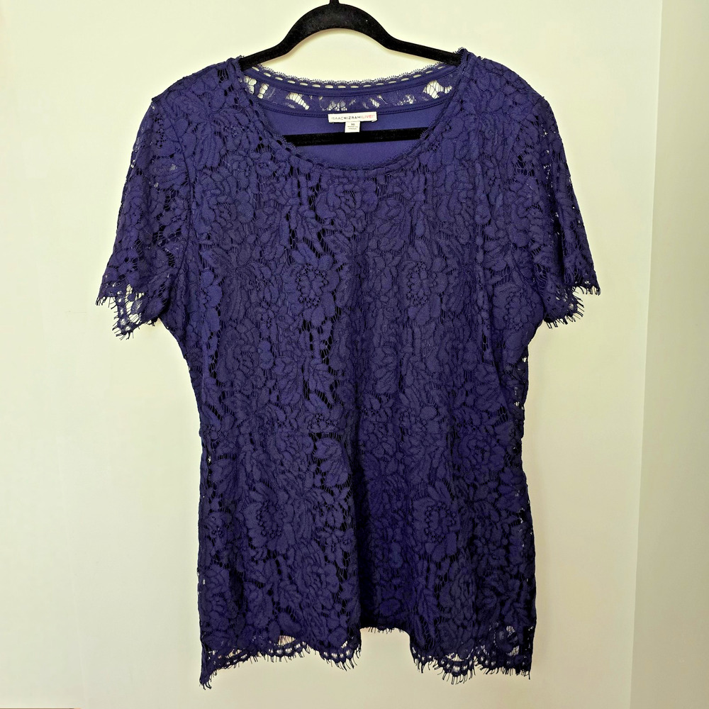 Isaac Mizrahi Live Womens Shirt XL Navy Lace Overlay Blouse Tunic Top